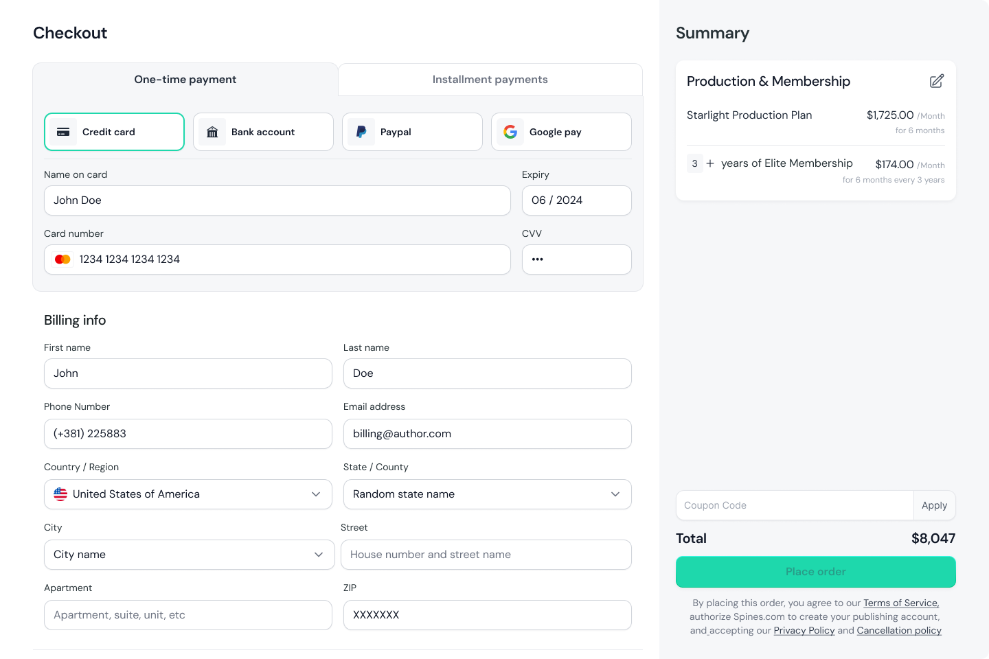 Web checkout, installment layout