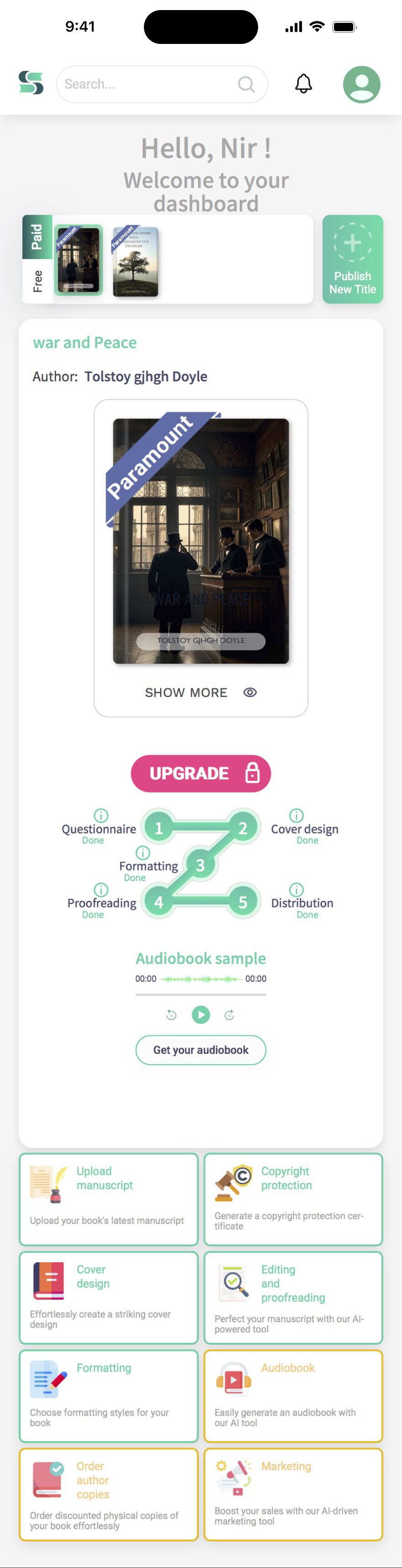 The Spines mobile dashboard before the redesign: one continuous scroll containing a book-switching strip, the current book with its cover, a full-width upgrade button, a five-stage production tracker, an audiobook sample player, and an eight-tile grid of publishing tools