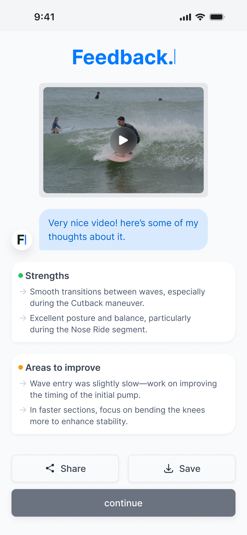 AI feedback screen: the uploaded clip, an intro message, a Strengths card listing smooth transitions and posture, and an Areas to improve card noting slow wave entry and knee bend