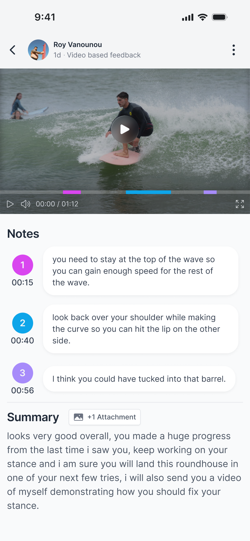 Coach review screen: the clip with coloured markers on the scrubber, three numbered notes timestamped at 00:15, 00:40 and 00:56, and a written Summary carrying an attachment chip