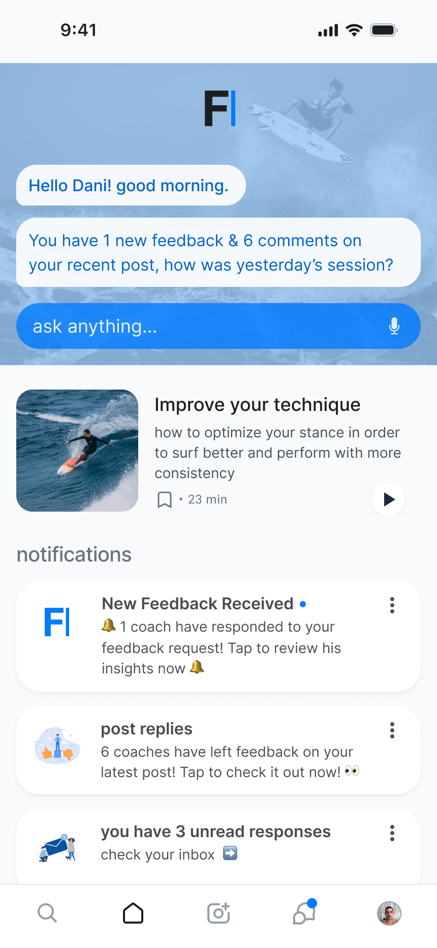 Feedback home screen: a personal greeting, a summary of new feedback and comments on the athlete's recent post, an ask-anything prompt, a suggested technique lesson, and a notifications list