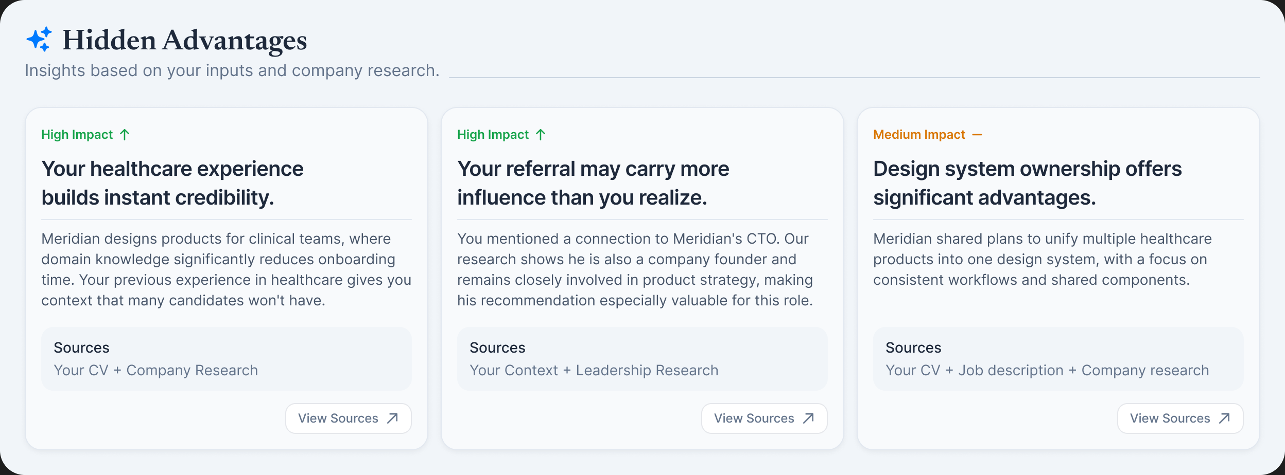 Hidden Advantages section: three insight cards with impact labels, each naming its sources - CV, context, and company research - with a View Sources action