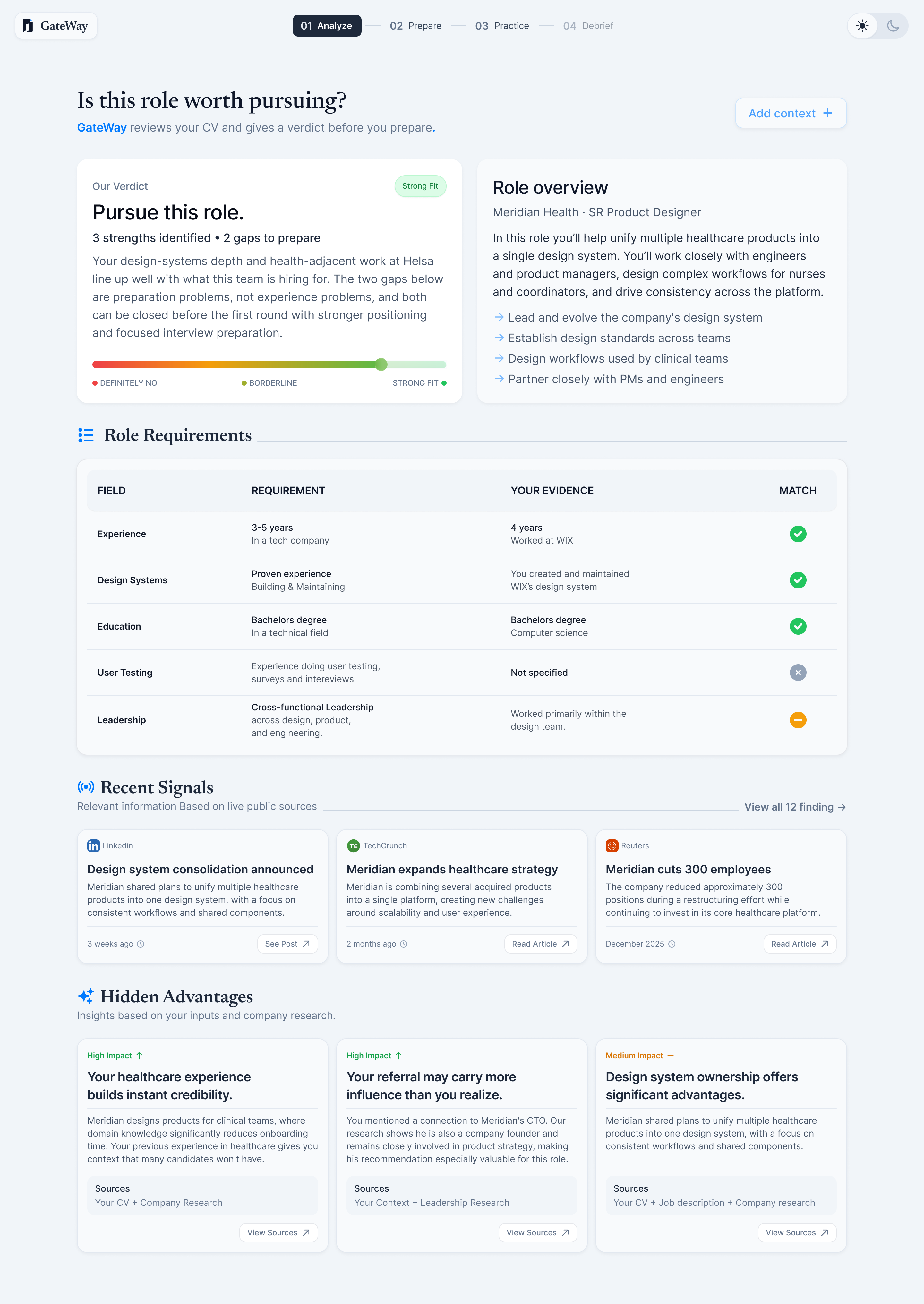 GateWay analysis screen: a verdict on pursuing the role, requirements mapped to the candidate's evidence, live company signals, and hidden advantages with sources
