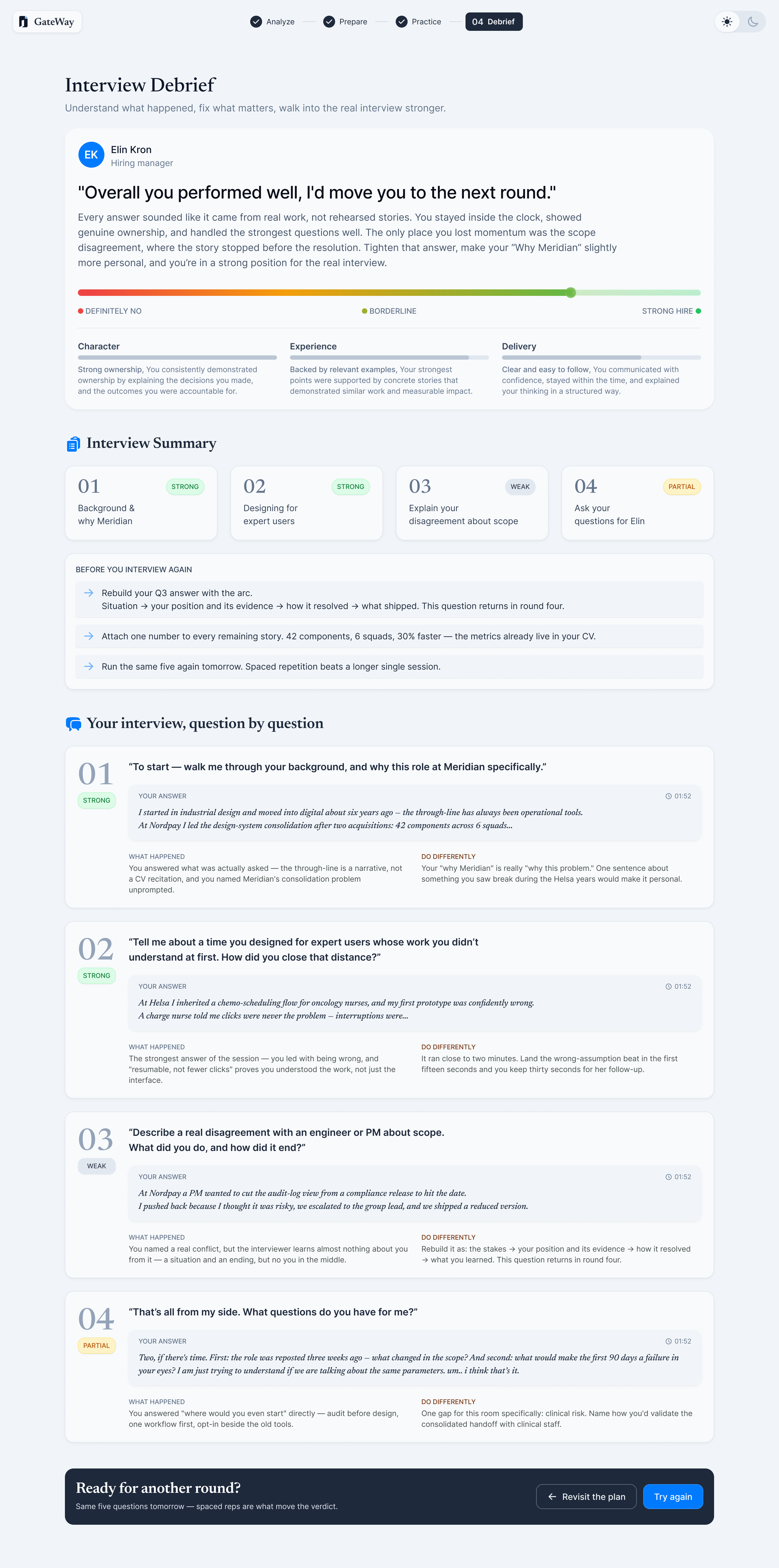 GateWay interview debrief: the interviewer's verdict on a spectrum, measured dimensions, per-question grades, and the option to revisit the plan