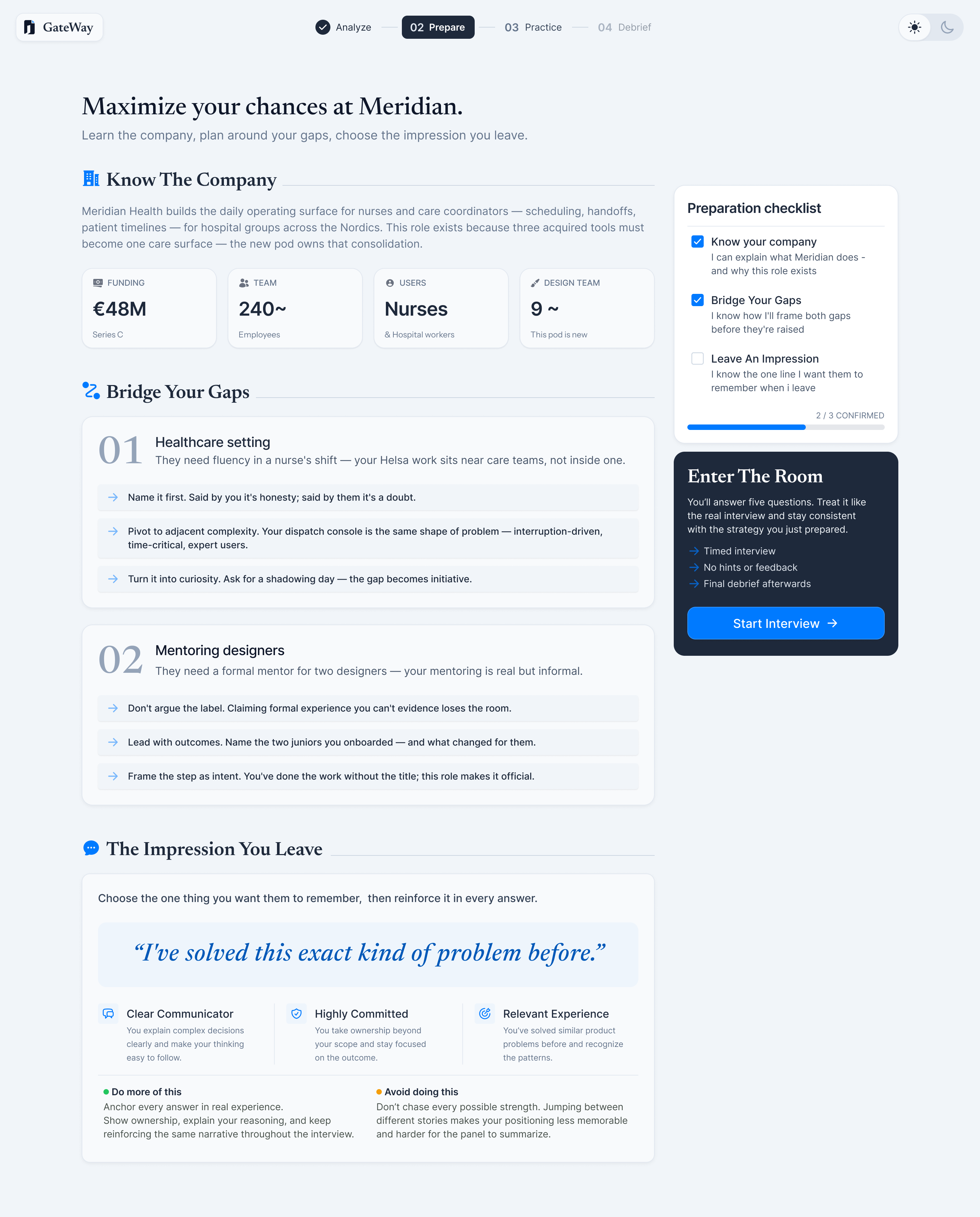GateWay preparation plan: company research, gap-bridging coaching, a one-line story, and a preparation checklist leading into the interview room