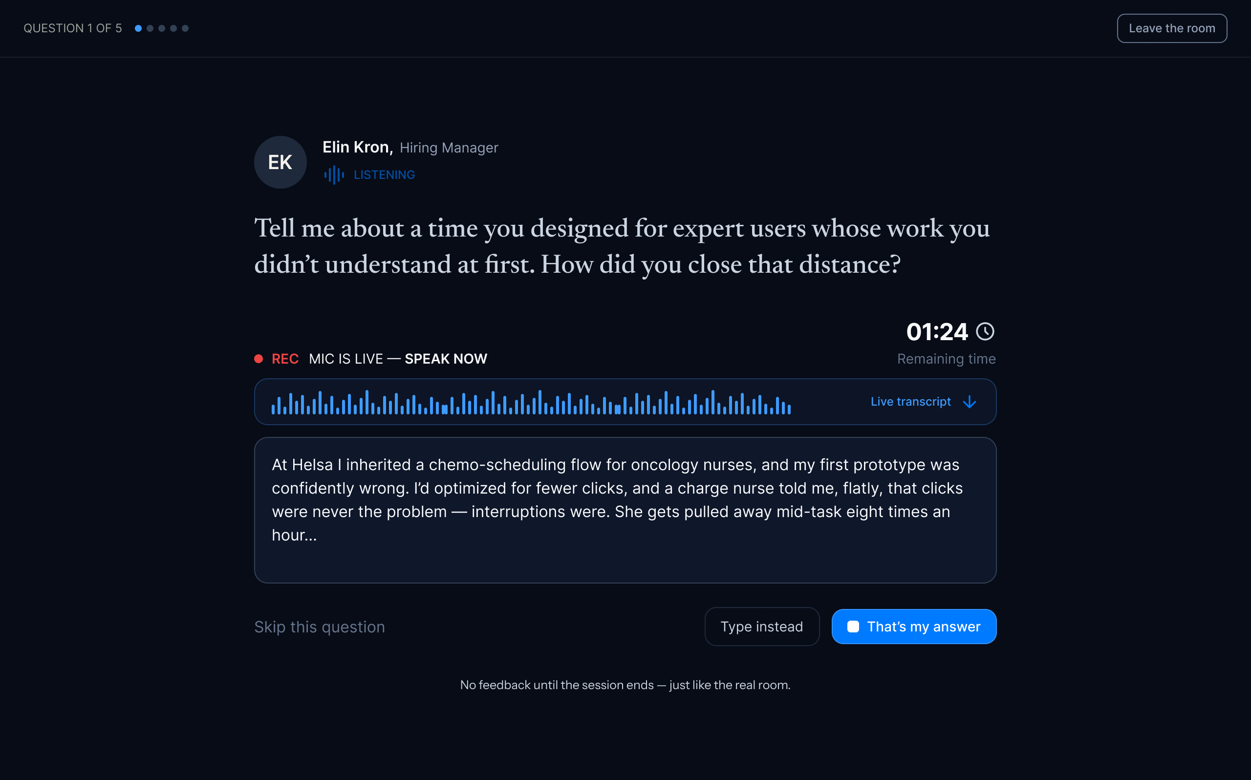 Interview simulation: mic live, answering by voice with a live transcript