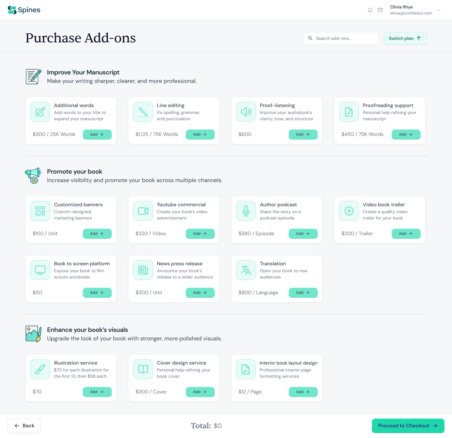 Purchase add-ons screen
